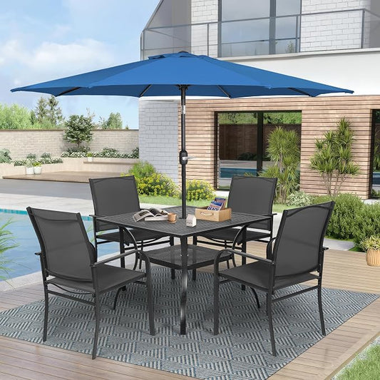 Crownland 5 Piece Patio Dining Set, Textilene Dining Sets, 4 Textilene Metal Chairs and Square Outdoor Dining Table with Dark Blue 9FT Round Outdoor Umbrella (Black)