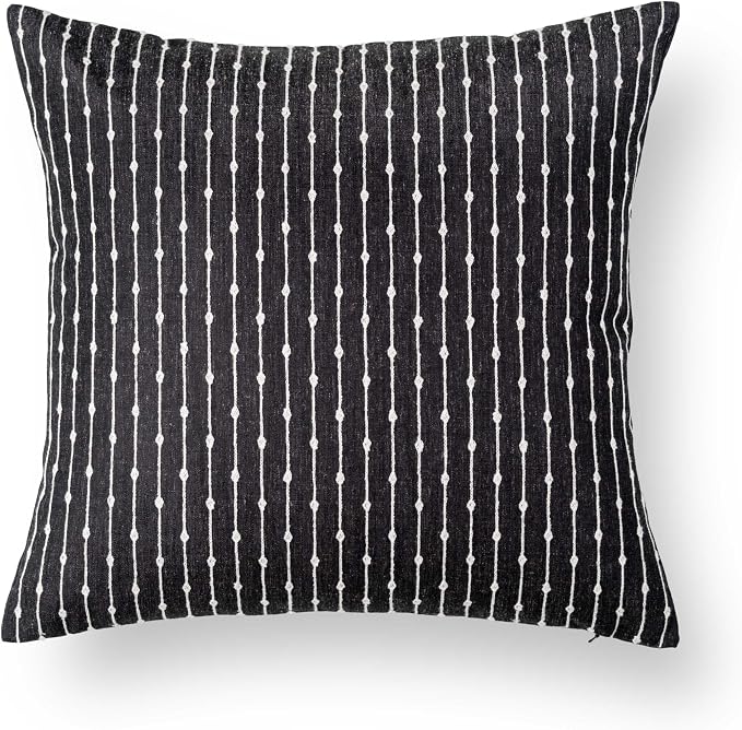 Modern Farmhouse Fall Linen Indoor Outdoor Throw Pillow Cover Only, 22"x22" Water Repellent for Patio, Backyard, Couch, Black Neutral Embroidered Stripes