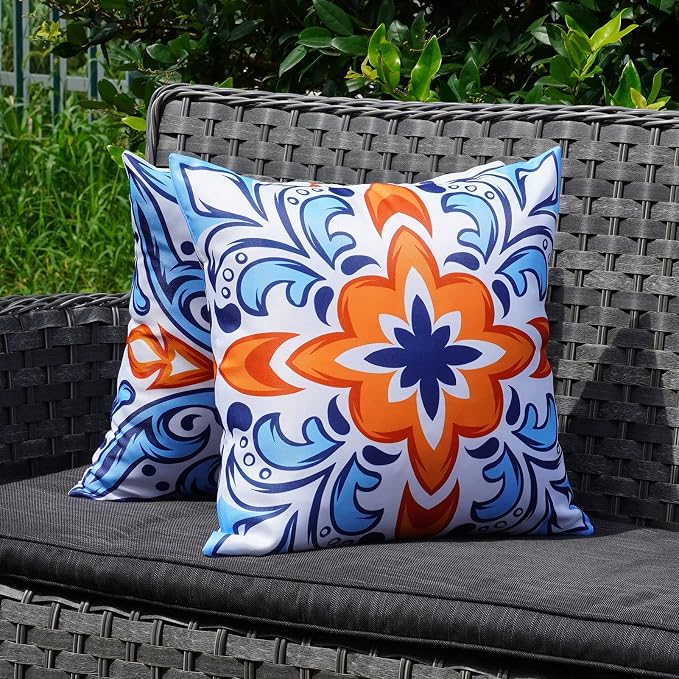 ONWAY Outdoor Pillow Covers Waterproof Set of 4 Floral Boho Decorative Throw Cushion Cover Farmhouse Pillows for Bench, Couch, Sunbrella and Patio Furniture (BlueOrange, 18x18 Inch)