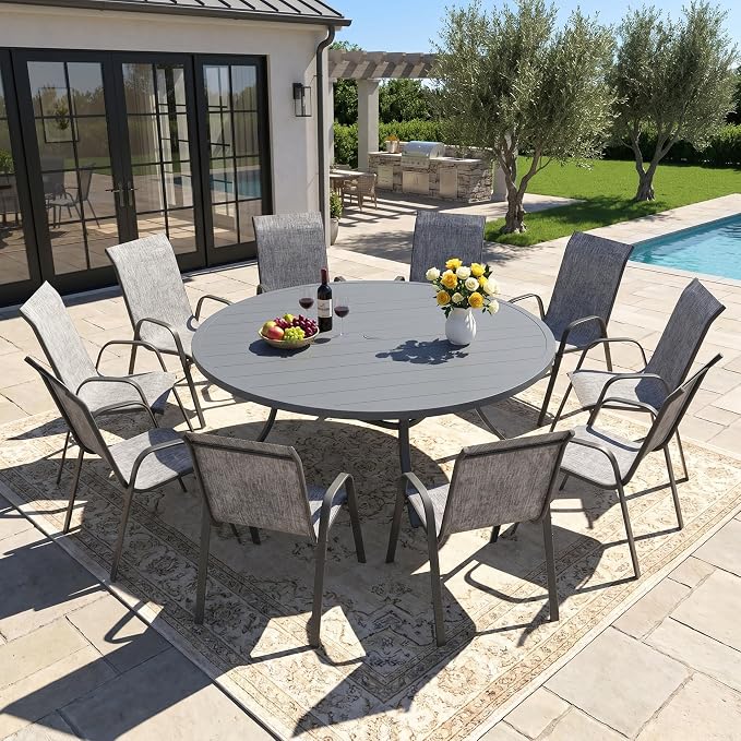 DIFY 11 Piece Outdoor Dining Set, 60" Round Metal Patio Table and Textilene Stackable Chairs for 10, All Weather Patio Furniture Set with Umbrella Hole for Backyard Garden Deck, Grey