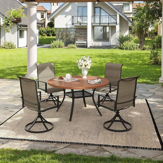 VICLLAX 5 Pieces Outdoor Dining Set, Patio Furniture Set Includes 40.6" Round Metal Table W/ 1.9" Umbrella Hole and 4 Padded Textilene Swivel Chairs for Porch, Lawn, Garden, Backyard