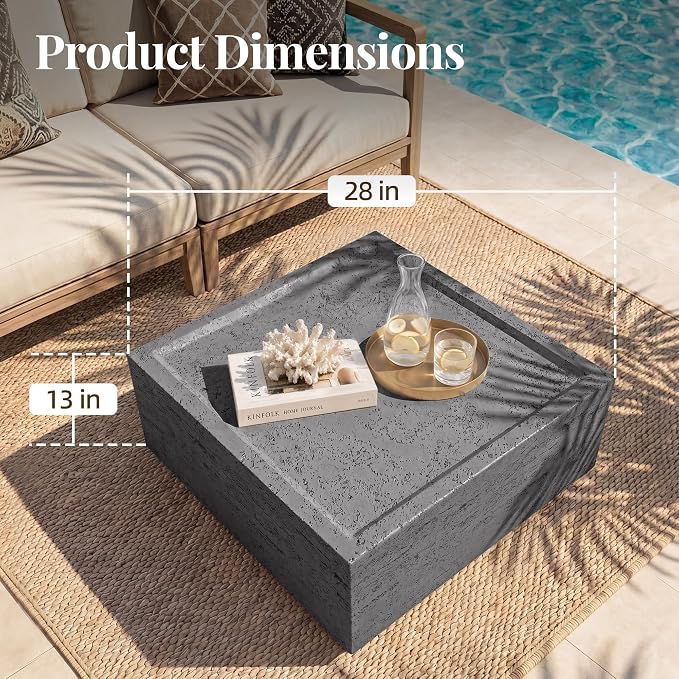 UPHA 28" Square Outdoor Coffee Table, Modern Hollow Concrete Patio Table, Small Minimalist Low Accent Table for Living Room, Balcony, Deck, Backyard, Dark Gray