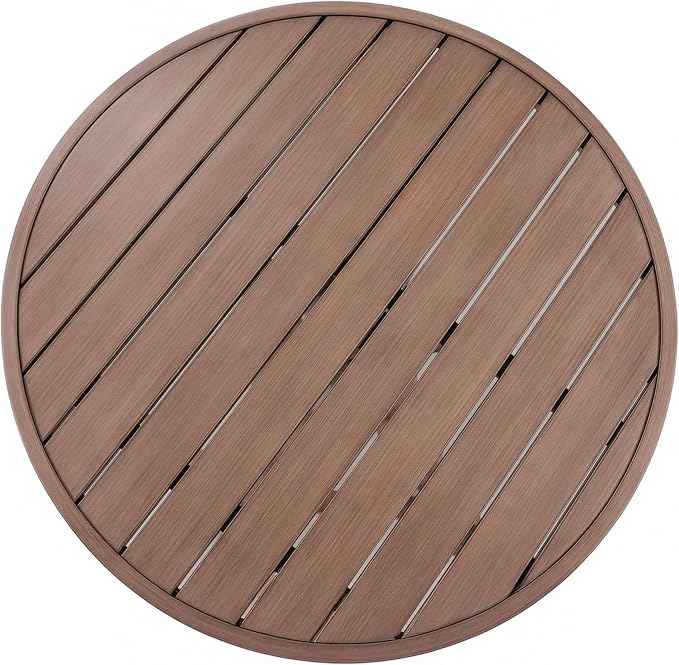 Martha Stewart Bedford 36" Round Indoor-Outdoor Aluminum Patio Dining Table with Trestle Base, Accommodates up to 4 Adults, Brushed Brown Woodgrain Finish