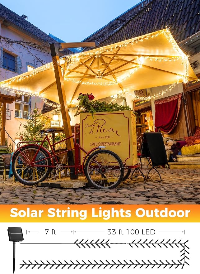 Minetom Solar String Lights Outdoor Waterproof, 40 FT 100 LED Outdoor Light | Solar Fairy Lights with 8 Lighting Modes, IP65 Waterproof Solar Christmas Lights for Outdoor Outside Tree Patio, Warm White