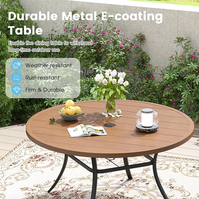 7 Pieces Patio Dining Set, 50" Round Dining Table with Umbrella Hole, 6 Stackable Textilene Fabric Chairs, Metal Structure for Patio, Porch, Garden(Walnut Table, Brown Chair)
