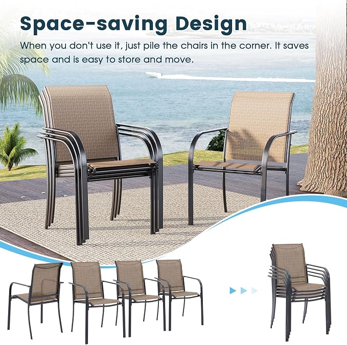 3 Pieces Patio Dining Set, 28" Square Dining Table with Storage Shelf, 2 Stackable Textilene Fabric Chairs, Metal Structure for Patio, Porch, Garden(Walnut Table, Brown Chair)
