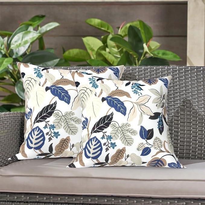 LVTXIII Outdoor Throw Pillows, Decorative Throw Pillows with Inserts, 16"x16" Square Pillows for Bed, Couch, Sofa and Patio Furniture, Set of 2, Breeze Leaves Beige