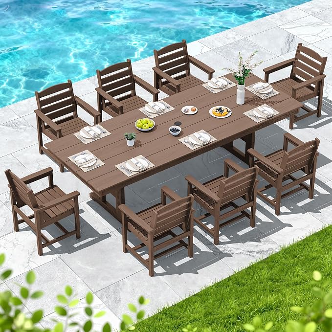 SERWALL Outdoor Dining Chairs Set of 2, All-Weather HDPE Patio Chair with 19.7" Widened Seat, for Backyard, Garden, Brown