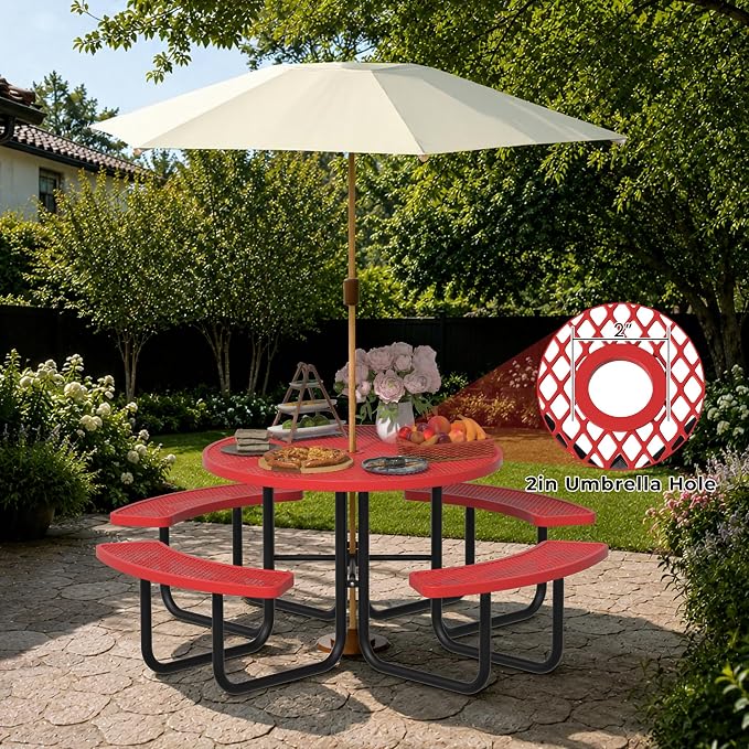 All-Weather Round Outdoor Picnic Table, Commercial Picnic Table Bench Set with Umbrella Hole, Thermoplastic Coated Metal Dining Tables for School, Stores, Park, Patio, Yard, Red