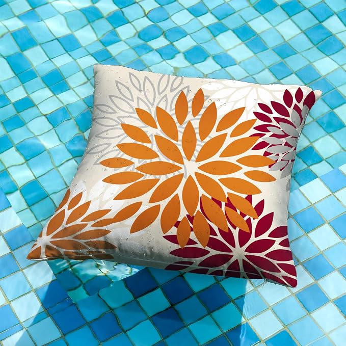DFXSZ Outdoor Waterproof Pillow Covers 20x20 Set of 2 Orange WineRed Flower | Spring Summer Waterproof Flower Throw Pillowcases（No Inserts）Outdoor Decor for Fall Patio Funiture Garden Polyester Covers