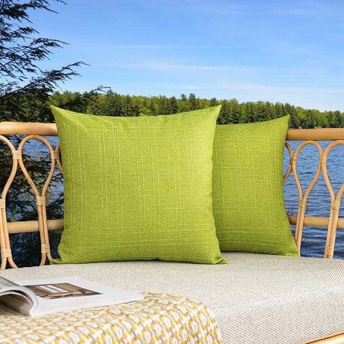 Kevin Textile Outdoor Waterproof 24”x24” Pillow Covers 2 Pack, Green | Water Resistant, Soft Faux Linen-cotton Yarn-dyed Woven Texture Throw Pillow Covers for Tent Patio Garden Couch Sofa