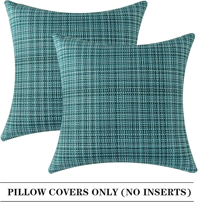 Kevin Textile Outdoor Waterproof 20x20 Inch Pillow Covers 2 Pack, Teal | Water Resistant, Faux Linen Yarn-dyed, Woven Texture Throw Pillow Covers for Tent Patio Garden Couch Sofa