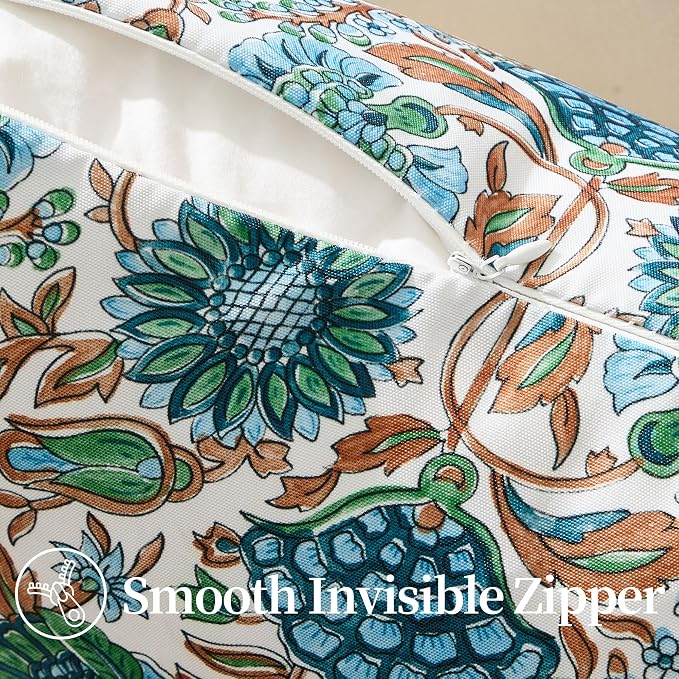 Allorry Outdoor Waterproof Pillow Covers 18x18 Blue Floral Outdoor Decor | Set of 2 Vintage Floral Block Print Pillow Cover,Farmhouse Boho Decorative for Spring Summer Outdoor Sofa Bedroom Decor
