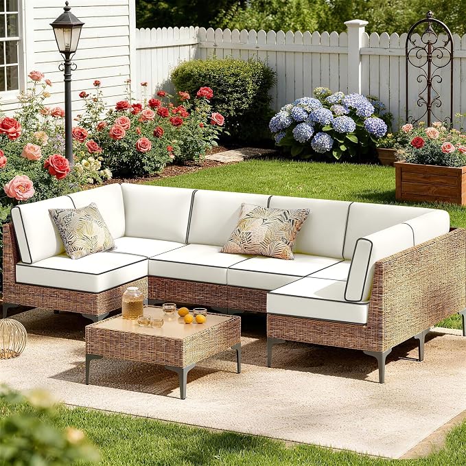 14pc Waterproof Outdoor Couch Cushions for 6 Seat Patio Cream+Black Piping | Water-resistant, UV-resistant,14pc High-Density Foam Replacement Cushions for 6-Seat Outdoor Sectional Furniture