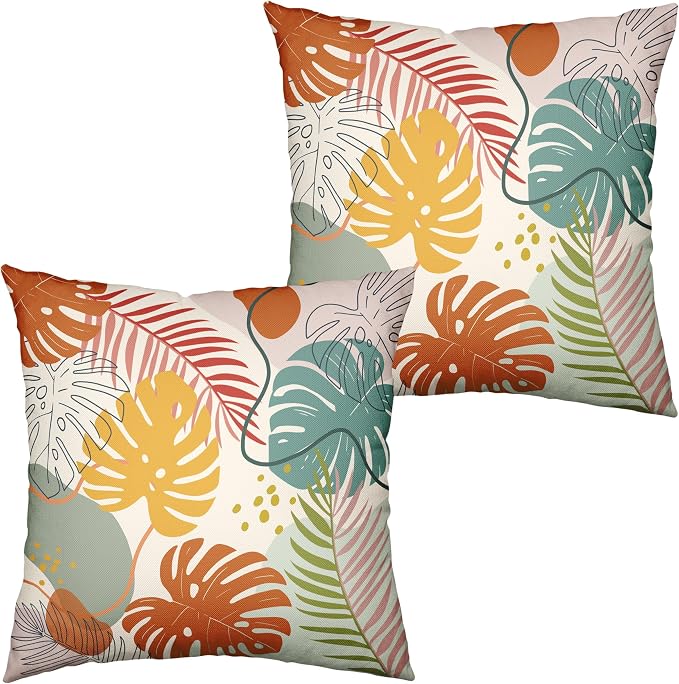 Abstract Tropical Pillow Covers Colorful Tropical Monstera Palm Tree Leaves Throw Pillow Covers Summer Boho Pillowcase 22x22 Set of 2 Neutral Cushion Case for Couch Sofa