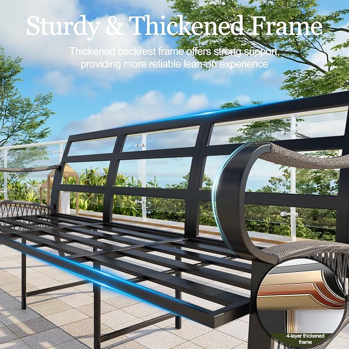 6 Pieces Patio Conversation Sets, All-Weather Metal Swivel Rocking Chairs with Rope Furniture Set, Outdoor Sofa Couch for Deck, Porch, Garden, Backyard, Poolside (Blue Cushions)