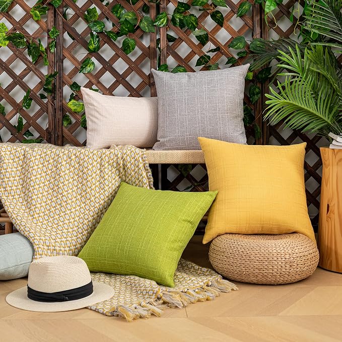 Kevin Textile Outdoor Waterproof 16”x16” Pillow Covers 2 Pack, Yellow | Water Resistant, Soft Faux Linen-cotton Yarn-dyed Woven Texture Throw Pillow Covers for Tent Patio Garden Couch Sofa
