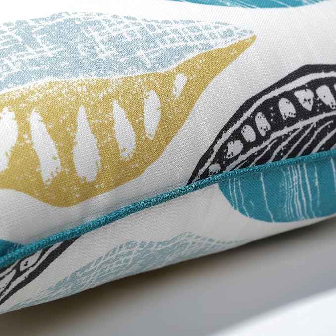 Pillow Perfect Botanical Indoor/Outdoor Throw Pillows, 2 Count, Lumbar - 11.5" x 18.5", Blue Leaf Block Teal/Citron