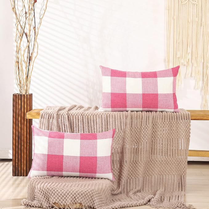 CARRIE HOME Light Pink Buffalo Plaid Lumbar Pillow Covers 12x20 Set of 2, Pink Checkered Pillow Covers 12 x 20 Outdoor Farmhouse Decor for Couch, Sofa and Patio