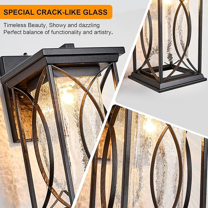 18" Extra Large Outdoor Sconce with photocell Sensor Coach Lantern Modern Large Exterior Light Fixture Waterproof Black Metal with Crack-Like Glass Dusk to Dawn Mission Outside Proch Light