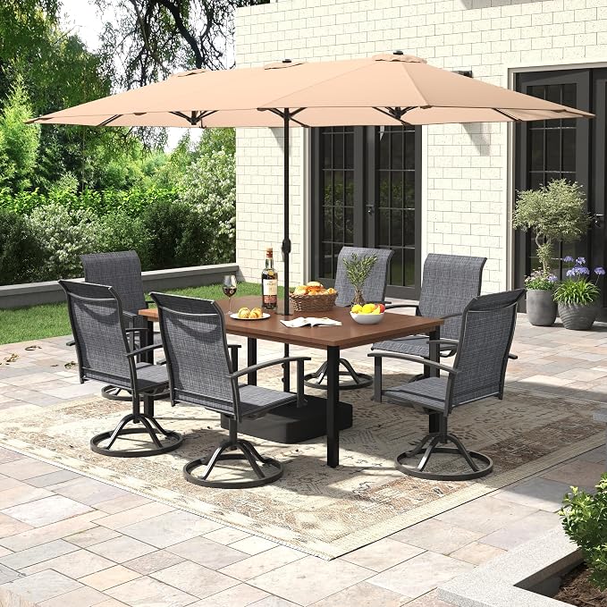 7 Pieces Patio Dining Set with Patio Umbrella, Outdoor Furniture of 63" Rectangular Patio Table and Patio Swivel Chairs for Backyard Lawn Garden, Walnut Table and Black Chairs