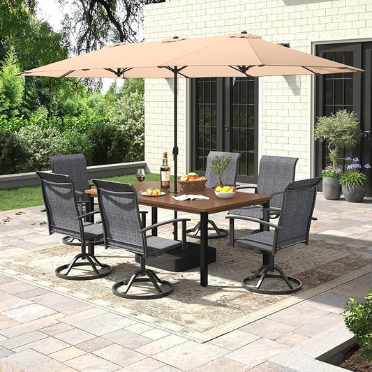 7 Pieces Patio Dining Set with Patio Umbrella, Outdoor Furniture of 63" Rectangular Patio Table and Patio Swivel Chairs for Backyard Lawn Garden, Walnut Table and Black Chairs
