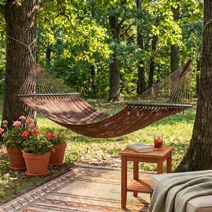 Happygrill 10.5FT Caribbean Double Hammock, Outdoor Portable Hammock with Spreader Bar, Soft-Spun Polyester Rope, 2 Person Hammocks for Outside, Camping & Patio, Max 600 lbs Capacity (Brown)