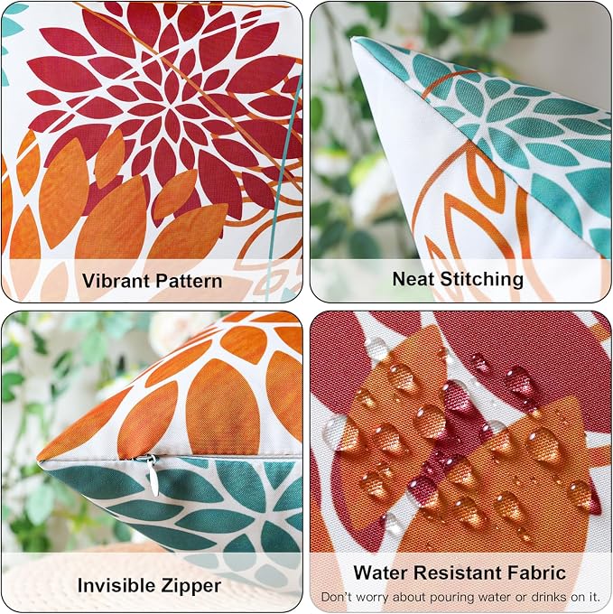 OTOSTAR Outdoor Orange Red Pillow Covers 16x24 Inch Set of 2 Cyan Flower Throw Pillows Farmhouse Geometric Dahlia Floral Lumbar Cushion Case Waterproof Decor for Sofa Patio Funiture Garden