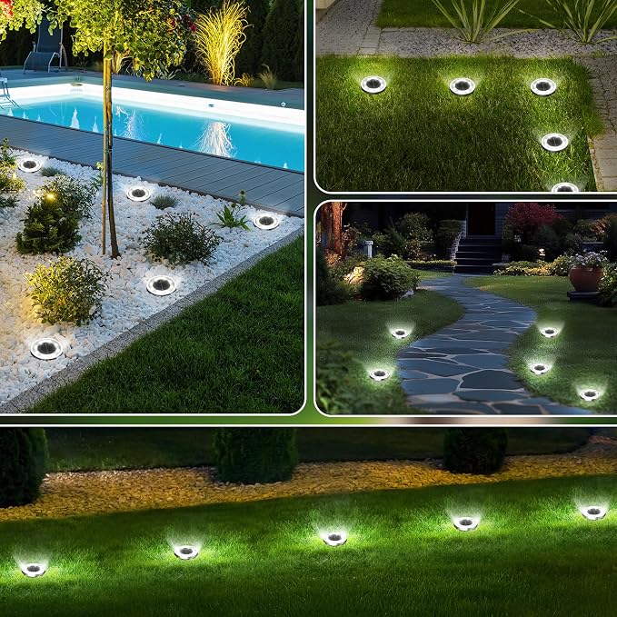 INCX 24Pack Solar Ground Lights Outdoor, 8 LED, IP65 Waterproof, Cold White | 600mAh Ni-MH battery, 8-10h runtime, stainless steel, ABS and PP body, solar garden lights for pathways, lawns and driveways