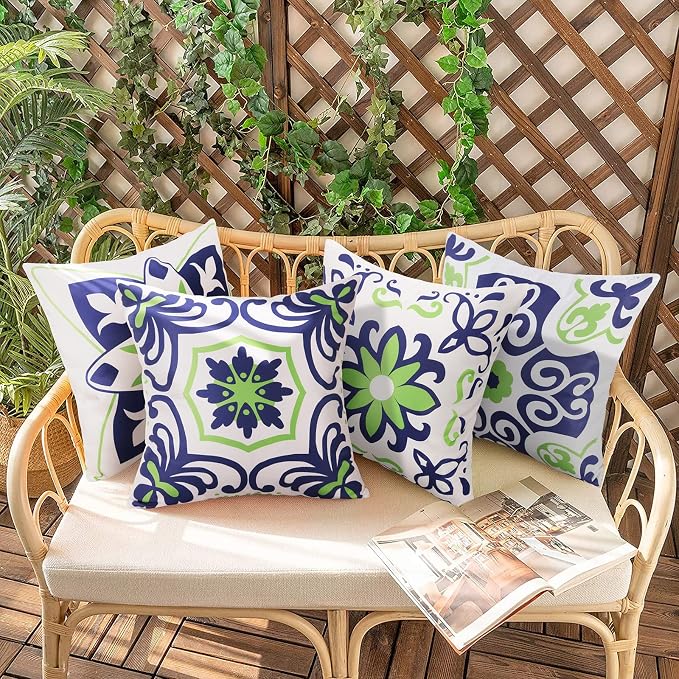 Pyonic Set of 4 Outdoor Pillow Covers 18x18 Waterproof Decorative Throw Pillow Covers Floral Printed Farmhouse Boho Pillowcase for Patio Funiture Garden Navy Blue