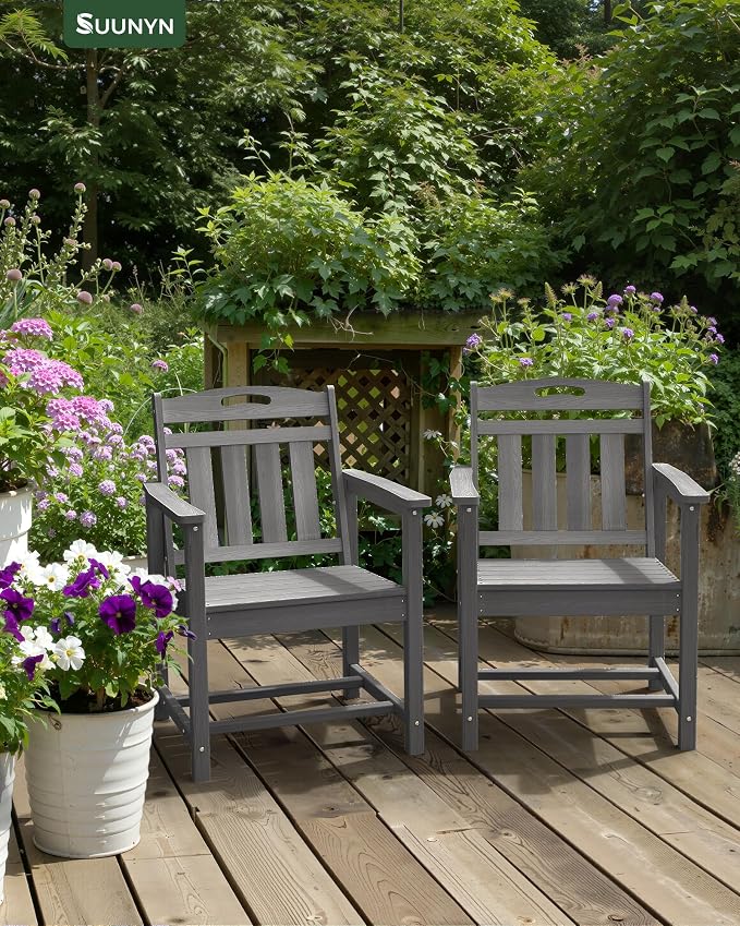 Patio Chairs Set of 2, HDPE Outdoor Dining Chairs with Wide Seat, All Weather Oversized Porch Chair for Garden, Backyard, Deck - Grey