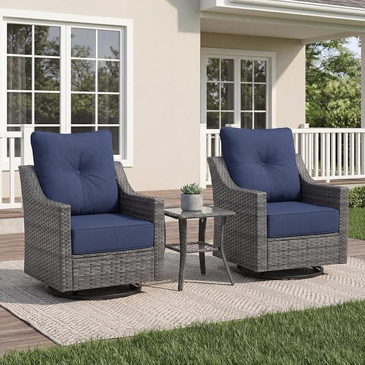 3 Piece Patio Furniture Set, Grey Wicker Outdoor Conversation Set with 2 Swivel Rocker Chairs and Side Table, 6-Inch Thick Cushions, High Back Seating, Blue Covers for Porch, Deck