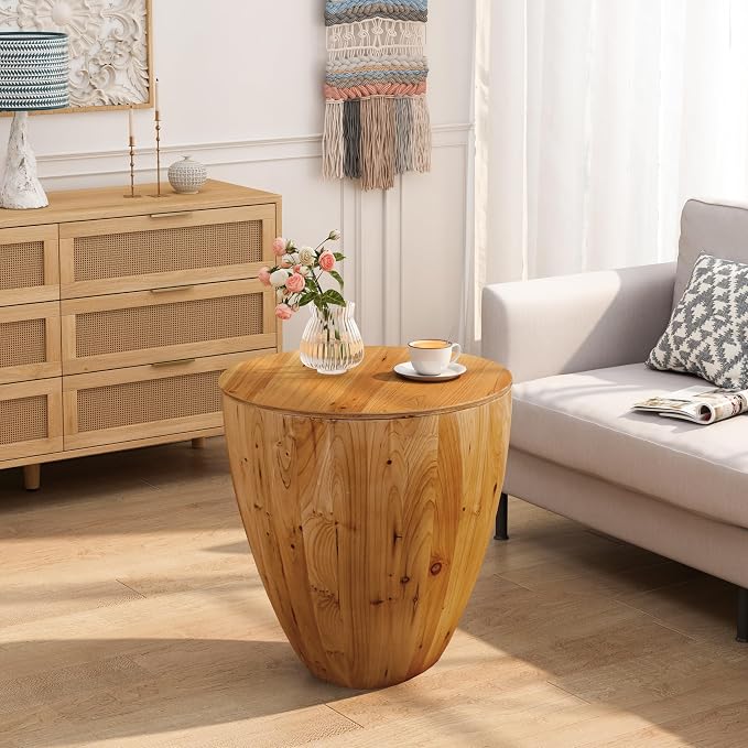 20.87" Vintage Wood Drum Coffee Table, Wood Round Coffee Table with Storage, Drum Side Table End Table Bucket Shaped Coffee Tables Small Center Table for Living Room, No Need Assembly