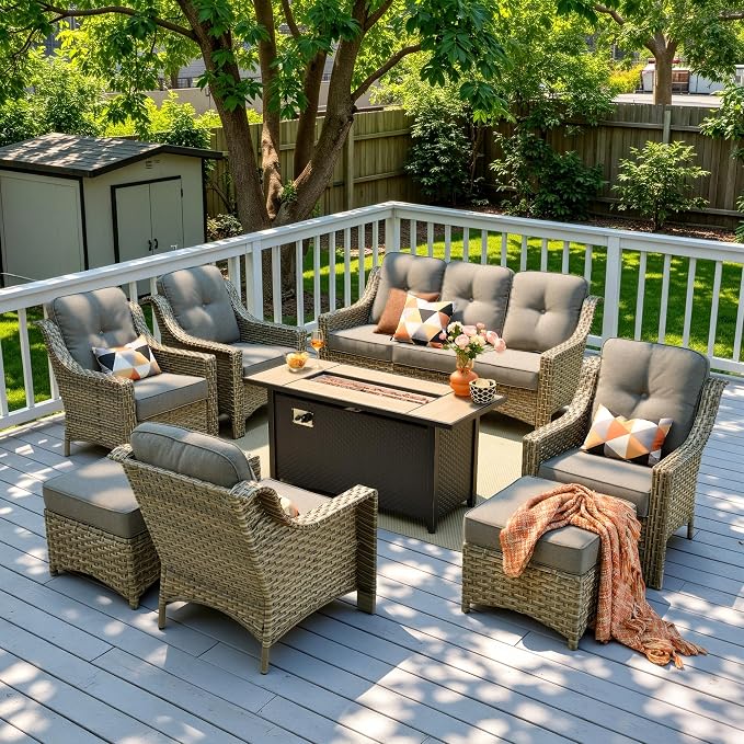 8 Piece Patio Furniture Set with Fire Pit Table, All Weather Wicker High Back Sofa Chairs Ottoman with Thick Cushion, Outdoor Conversation Sets for Large Backyard Deck Garden, Dark Gray