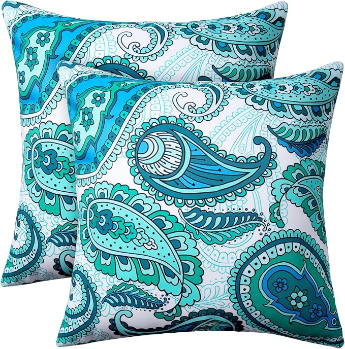 2 Pack Waterproof Outdoor Pillows, 18x18 Outdoor Throw Pillows | Patio Furniture Pillows, Decorative Throw Pillows, Waterproof &Fade Resistant, Removable & Washable, Paisley Blue