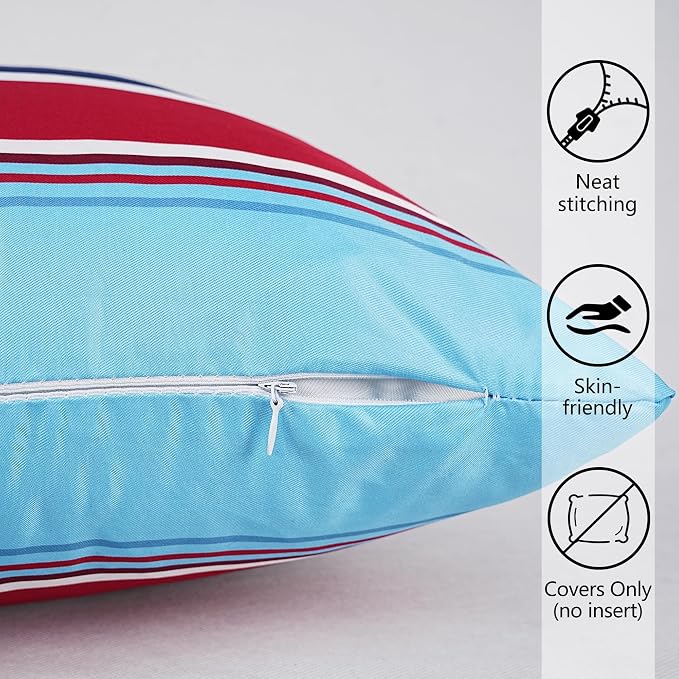 Pyonic 4th of July Outdoor Pillow Covers 18x18 inch Waterproof Red Blue White Striped Outdoor Pillows for Patio Furniture Garden