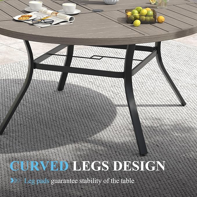VICLLAX 60" Round Patio Table with Umbrella Hole, All Weather Metal Outdoor Dining Table for 8, Outside Table for Lawn Garden, Grey Wood-Grain Finish