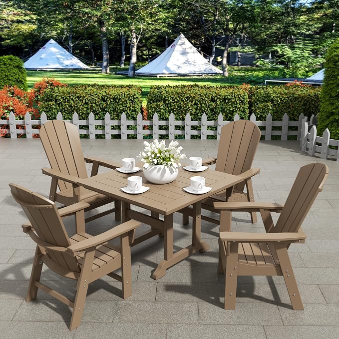 WestinTrends Malibu Outdoor Dining Table, All Weather Poly Lumber Adirondack 43" Trestle Square Patio Table with Umbrella Hole, Weathered Wood
