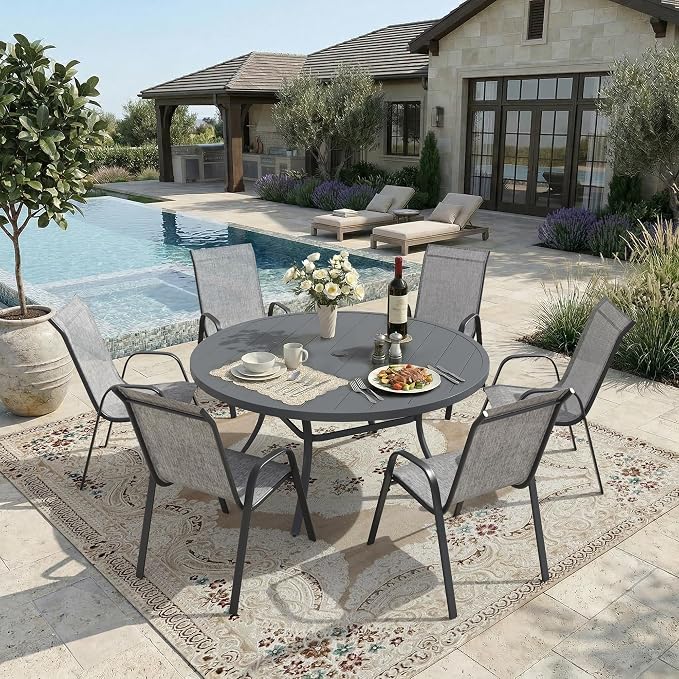 DIFY 7 Piece Outdoor Dining Set, 50" Round Metal Patio Table and Textilene Stackable Chairs for 6, All Weather Patio Furniture Set with Umbrella Hole for Backyard Garden Deck, Grey