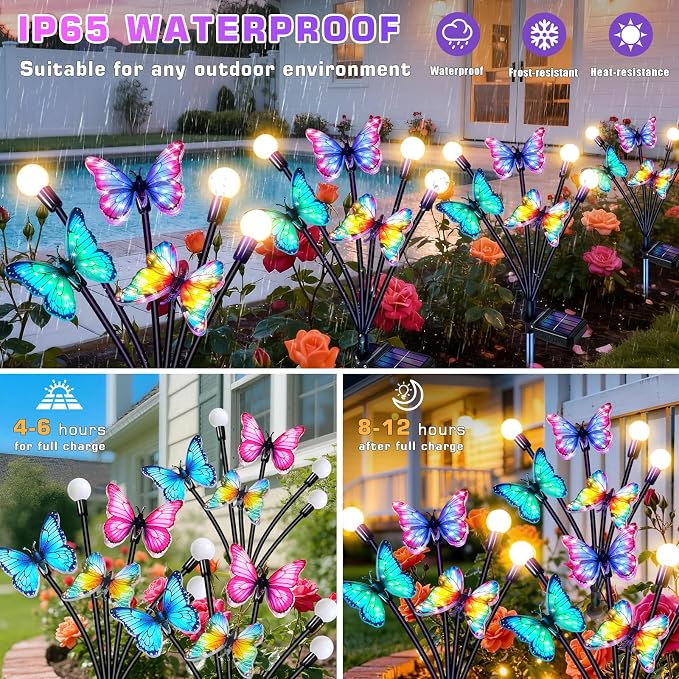 Solar Garden Lights Outdoor, Butterfly Firefly Lights 2 Pack, Waterproof | 3 Dynamic Fluttering Butterfly & 3 Firefly, Solar Garden Decor For Yard, Patio, Lawn, Gifts For Mom Women