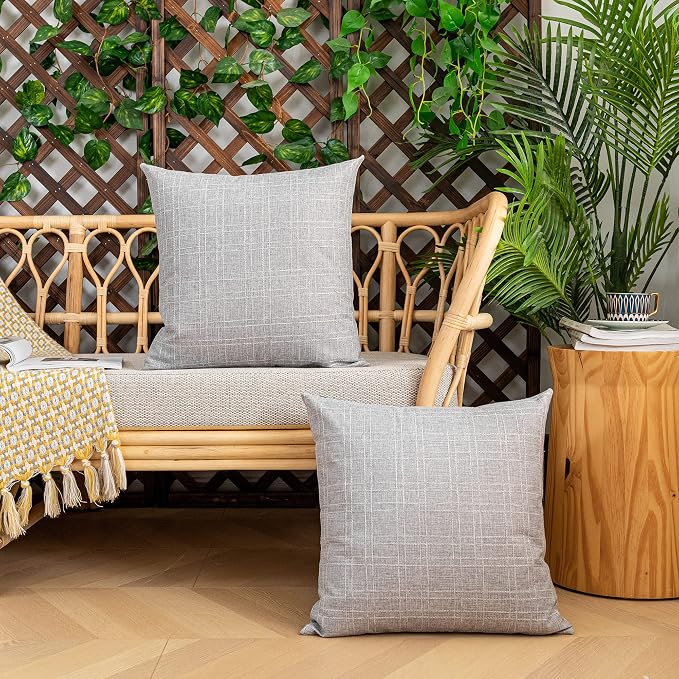 Kevin Textile Outdoor Waterproof 20”x20” Pillow Covers 2 Pack, Grey | Water Resistant, Soft Faux Linen-cotton Yarn-dyed Woven Texture Throw Pillow Covers for Tent Patio Garden Couch Sofa