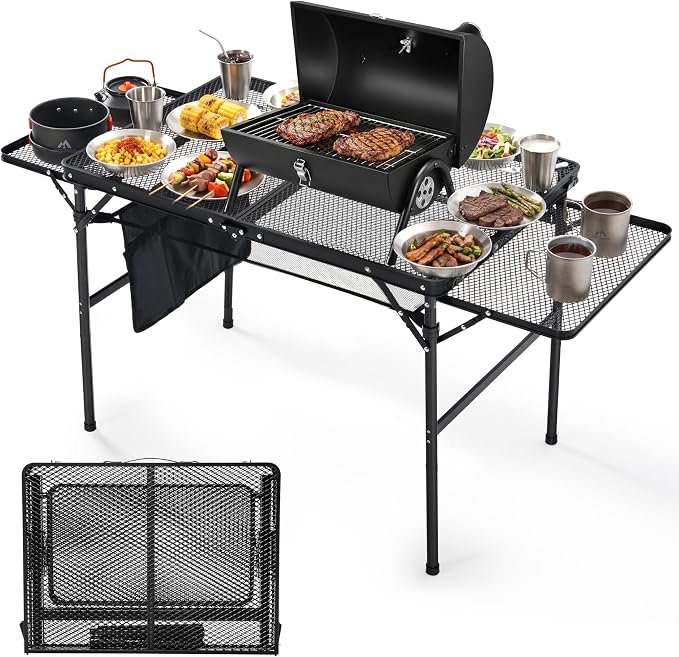 Folding Camping Table with 2 Wing Panels – Adjustable Height & Width Portable Outdoor Grill Table, 3x2 FT Lightweight Metal Picnic Table with Mesh Layer & Side Pocket for BBQ, Beach, Tailgate, Hiking