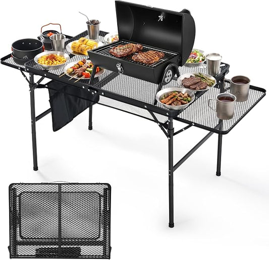 Folding Camping Table with 2 Wing Panels – Adjustable Height & Width Portable Outdoor Grill Table, 3x2 FT Lightweight Metal Picnic Table with Mesh Layer & Side Pocket for BBQ, Beach, Tailgate, Hiking