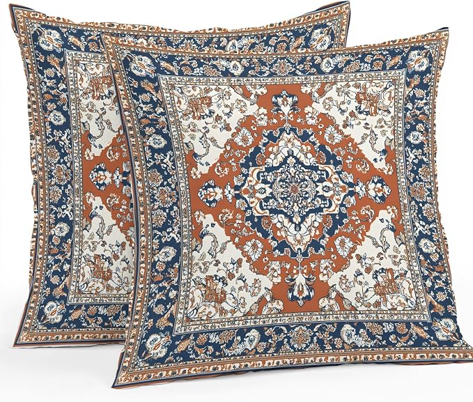Orange Blue Boho Southwestern Outdoor Pillow Covers 24x24 Inch Throw Pillow Covers Set of 2 Waterproof Decorative Pillow Cases Traditional Ethnic Classical Cushion Covers for Patio Furniture Garden