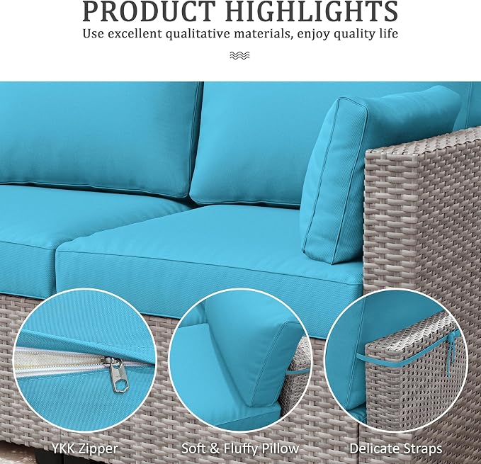 Outdoor Furniture Replacement Cushions, Waterproof Patio Furniture Cushions, 4" Deep Seat Outdoor Sectional Cushion for 3-Seat Outdoors Rattan Sofa Patio Sofa Cushion, Lake Blue
