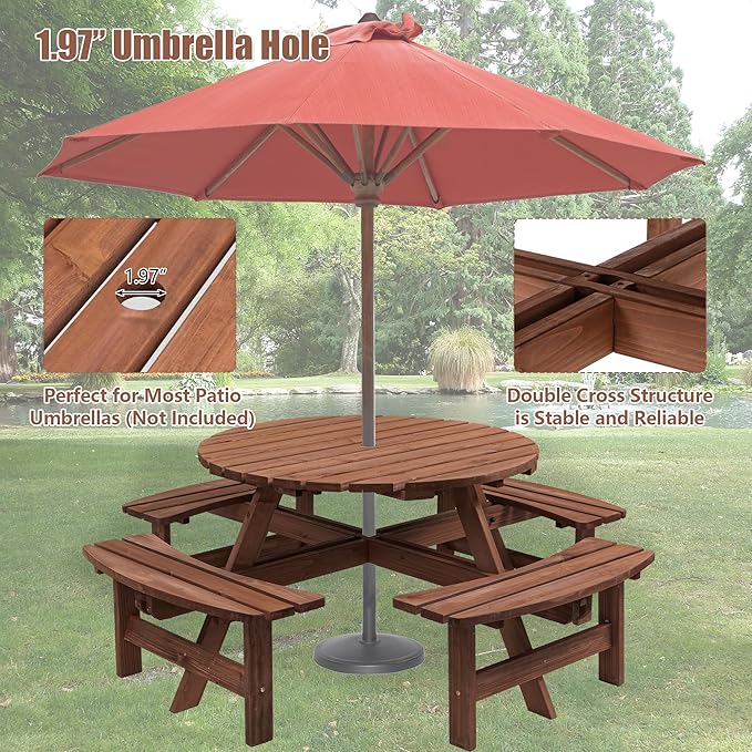 8 Person Outdoor Picnic Table with 4 Built-in Benches Round Wood Picnic Table with Umbrella Hole, Outside Picnic Tables and Bench Set for Garden,Patio, Backyard,2220LBS Total Capacity,Walnut Brown