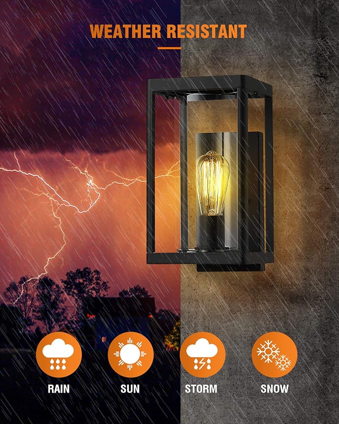 Beionxii Dusk to Dawn Outdoor Wall Lights, Modern Exterior Wall Sconces Porch Lantern, Black Cast Aluminum w/Clear Cylinder Glass - A291W-2PK