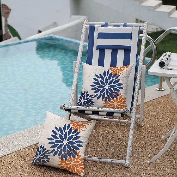 DFXSZ Outdoor Waterproof Pillow Covers 16x16 Set of 2 Blue Orange Flower | Spring Summer Waterproof Flower Throw Pillowcases（No Inserts）Outdoor Decor for Fall Patio Funiture Garden Polyester Covers