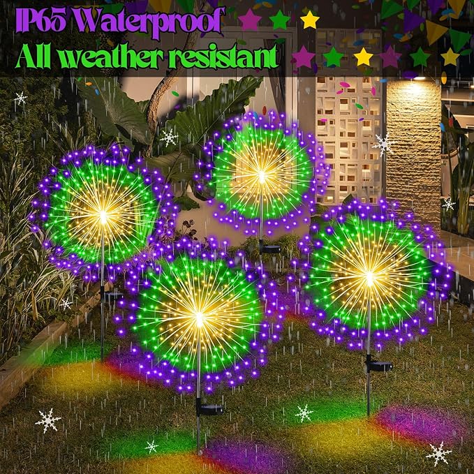 Tujoe Halloween Decoration Outdoor 4 Pack Solar Firework Light with 180 LED Halloween Solar Lights 8 Lighting Modes for Yard Garden Pathway Party Decoration(Green, Yellow, Purple)