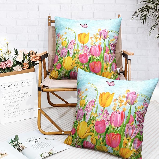 Tulip Pillow Covers 20x20 Set of 2 Spring Throw Pillow Covers Pink Yellow Tulip Floral Outdoor Pillowcase Watercolor Cotton Linen Cushion Case for Sofa Outdoor Patio